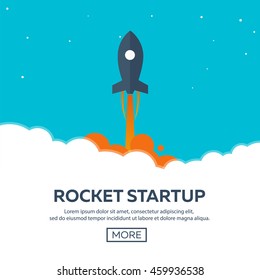 Rocket startup. Business. Rocket ship in a flat style.Vector illustration. Space travel to the moon.Space rocket launch. Project start up and development process.Innovation product,creative idea.