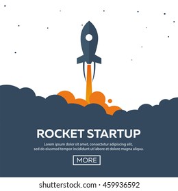 Rocket startup. Business. Rocket ship in a flat style.Vector illustration. Space travel to the moon.Space rocket launch. Project start up and development process.Innovation product,creative idea.