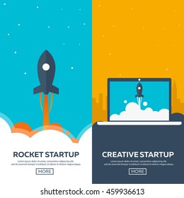 Rocket startup. Business. Rocket ship in a flat style.Vector illustration. Space travel to the moon.Space rocket launch. Project start up and development process.Innovation product,creative idea.