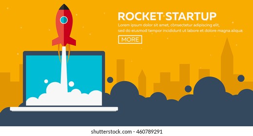 Rocket startup. Business. Rocket ship in a flat style.Vector illustration. Space travel to the moon.Space rocket launch. Project start up and development process.Innovation product,creative idea.