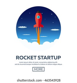 Rocket startup. Business. Rocket ship in a flat style.Vector illustration. Space travel to the moon.Space rocket launch. Project start up and development process.Innovation product,creative idea.