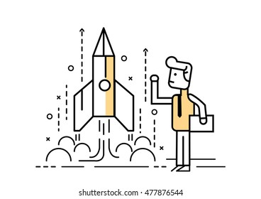 Rocket startup, Businessman control space shuttle. flat line design elements. vector illustration