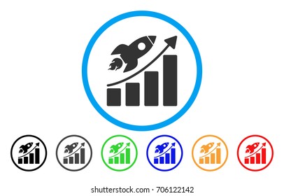 Rocket Startup Chart vector rounded icon. Image style is a flat gray icon symbol inside a blue circle. Additional color versions are gray, black, blue, green, red, orange.