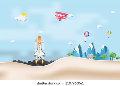 Rocket startup concept  flying over cloud.Paper art and craft style.