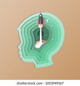 Rocket startup concept and Head of child stack in paper art layer style.