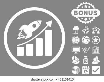 Rocket Startup Graph icon with bonus. Vector illustration style is flat iconic symbols, white color, gray background.