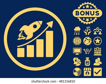 Rocket Startup Graph icon with bonus. Vector illustration style is flat iconic symbols, yellow color, blue background.