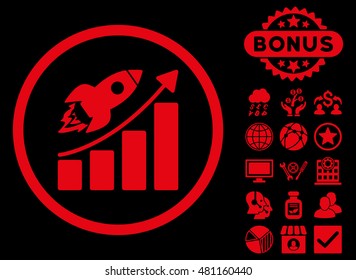 Rocket Startup Graph icon with bonus. Vector illustration style is flat iconic symbols, red color, black background.