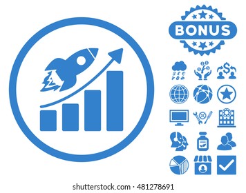 Rocket Startup Graph icon with bonus. Vector illustration style is flat iconic symbols, cobalt color, white background.