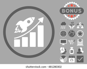Rocket Startup Graph icon with bonus. Vector illustration style is flat iconic bicolor symbols, dark gray and white colors, silver background.