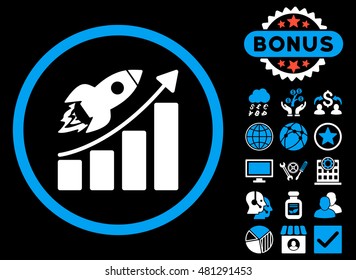 Rocket Startup Graph icon with bonus. Vector illustration style is flat iconic bicolor symbols, blue and white colors, black background.