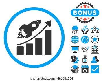 Rocket Startup Graph icon with bonus. Vector illustration style is flat iconic bicolor symbols, blue and gray colors, white background.