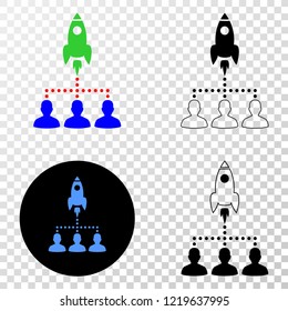 Rocket startup group EPS vector icon with contour, black and colored versions. Illustration style is flat iconic symbol on chess transparent background.