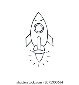 rocket or startup icon - cartoon vector concept.hand drawn vector illustration, black and white color, , sketch style, isolated on white background.