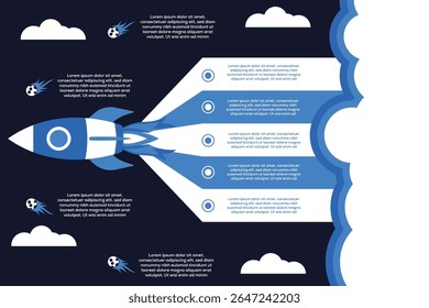vetor infográfico de inicialização do foguete com setas de linha do tempo e ícones no fundo escuro