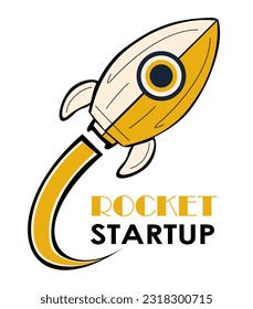 Rocket Startup logo design. Flying cosmos shuttle, rocketship. Business booster, start up, innovative idea concept. Flat vector illustration isolated on white background, cartoon icon