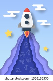 rocket startup paper cut style vector design