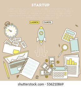 Rocket startup web page. Business analytic illustration with laptop. timer and calculator 