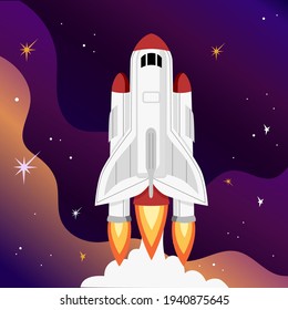 Rocket startup. White and red spaceship is exploring the Universe. Shining stars in the violet and orange galaxy background. Vector graphic illustration.