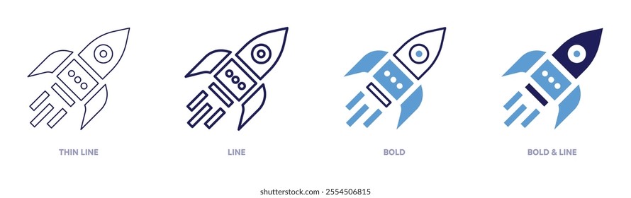 Rocket startups icon in 4 different styles. Thin Line, Line, Bold, and Bold Line. Duotone style. Editable stroke.