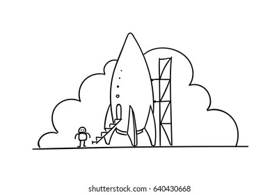 Rocket station illustration. Startup metaphor. Ready to start. The beginning path to the stars. Drawings by hand