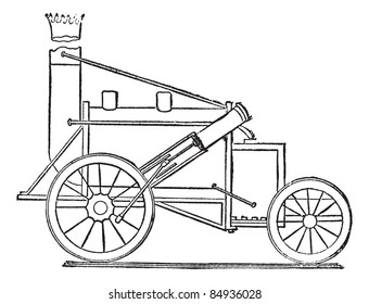 The Rocket, a steam locomotive by Stephenson, vintage engraved illustration. Trousset encyclopedia (1886 - 1891).