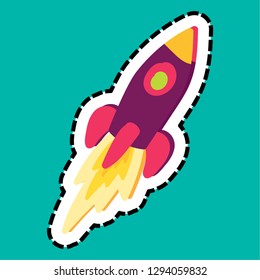 Rocket stitched frame flat sticker. Startup launch. Dash line spaceship hand drawn design element