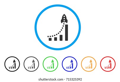 Rocket Success Bar Chart icon. Vector illustration style is a flat iconic rocket success bar chart gray rounded symbol inside light blue circle with black, gray, green, blue, red,