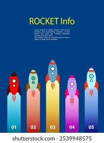 rocket - successful startup, list of points, different colors, statistical graph. includes text.  vector illustration in a flat style.