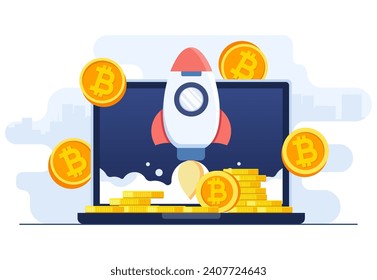 Rocket successfully taking off from laptop screen, Virtual money capitalization rise, Bull market concept, Growing bitcoin, Blockchain technology, Cryptocurrency, Digital money cryptocurrency trading 