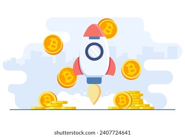 Rocket successfully taking off, Virtual money capitalization rise, Bull market concept, Growing bitcoin, Blockchain technology, Cryptocurrency, Digital money cryptocurrency trading 