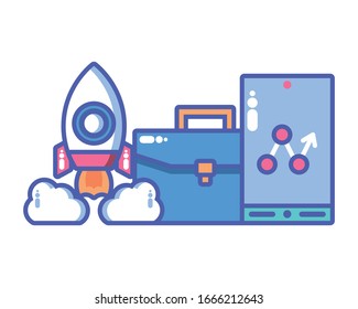 rocket with suitcase on white background vector illustration design