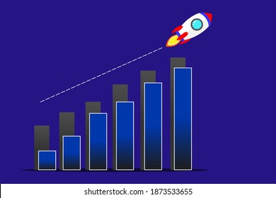 Rocket as a symbol of development, upward movement, technology and innovation against the background of the growth chart. Vector illustration