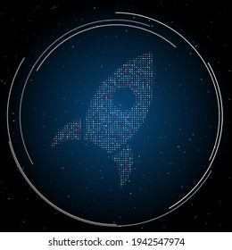 The rocket symbol filled with white dots. Pointillism style. Some dots is red. Vector illustration on blue background with stars