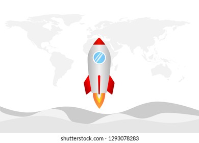 Rocket symbol launching over clouds with world map background, business start up concept. 