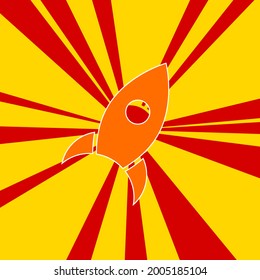 Símbolo de cohete sobre un fondo de líneas radiales de explosión de flash rojo. El gran símbolo naranja se encuentra en el centro del sol, simbolizando la salida del sol. Ilustración del vector sobre fondo amarillo