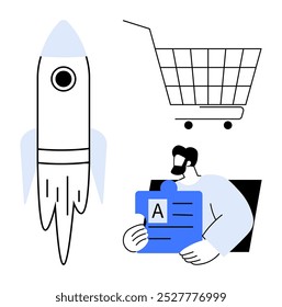 Rocket symbolizes growth and innovation. Shopping cart represents commerce and retail. Employee holding document signifies business organization and management. Ideal for startup businesses ecommerce