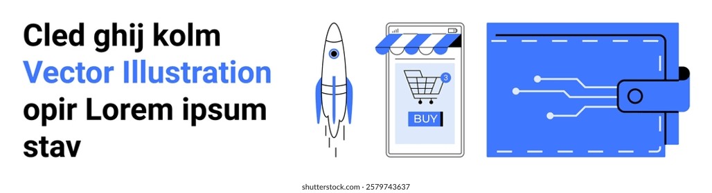 Rocket symbolizes innovation and growth. Online store with a shopping cart represents e-commerce. Digital wallet signifies financial technology. Ideal for technology finance e-commerce innovation