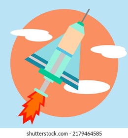 rocket syringe pattern flying in the air background with sun and clouds. flying injection vector icon, race against virus concept, isolated on background.