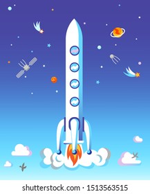 Rocket take off flat vector illustration. Spaceship launching concept. Cartoon satellites, planets, comets and stars in blue sky. Modern spacecraft takeoff concept. Astronomy mission idea