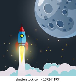 Rocket take off into space against a starry sky in a club of smoke. Isolated object. Vector Illustration.