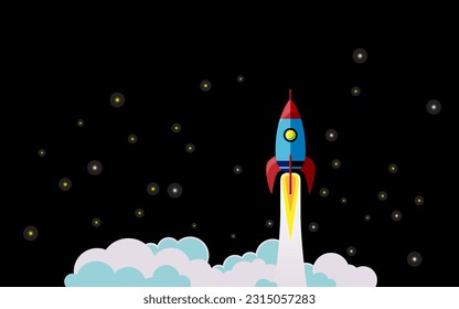 Rocket take off into space against a starry sky in a club of smoke. Isolated object. Vector Illustration.