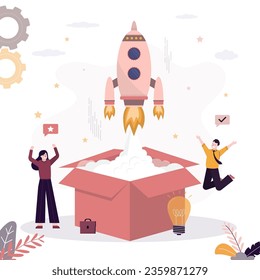 Rocket take off from open box. Happy co-founders with new successful project. Startup, crowdfunding concept. New business development, venture capital investment, brainstorming. vector illustration