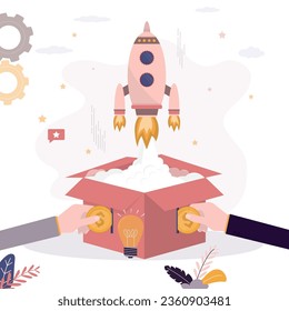 Rocket take off from open box. Investors hands insert golden coin in box. Co-founders with new project. Startup, crowdfunding, fundraising concept. Business development, venture capital investment.