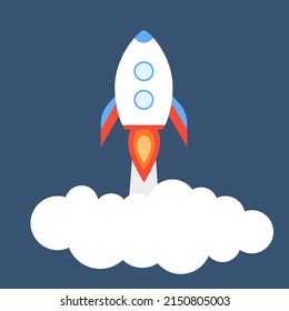 Rocket takeoff with clouds onbackground of night sky. Space travel of ship. Concept of start, product launch. Flat icon vector illustration