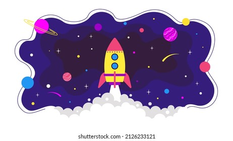 Rocket takeoff on the background of outer space. Startup concept. Cosmonautics Day. Vector stock illustration in flat style. 
