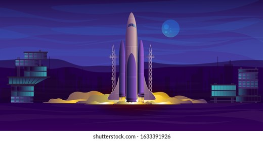 
rocket take-off from spaceport to space, vector flat graphic