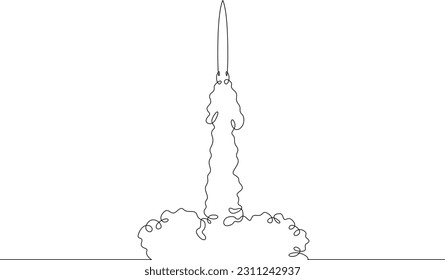 Despegar con cohetes. Lanzamiento de nave espacial. Lanzamiento de un misil balístico militar. Una línea continua. Lineal.Una línea continua dibujada aislada, fondo blanco.