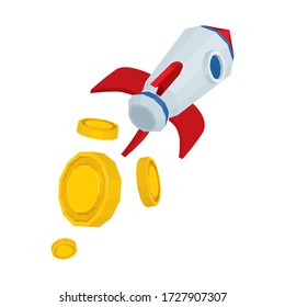 Rocket takeoff. Startup concept illustration with rocket and golden coins. Financial and capitalization successful grow metaphor graphic. Part of set. 