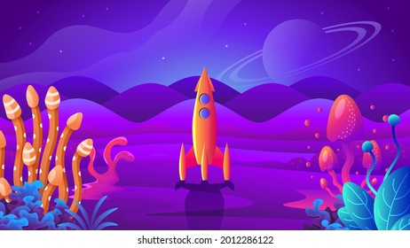 Rocket takes off from alien planet. Landscape of colorful fantasy mushrooms and plants.
